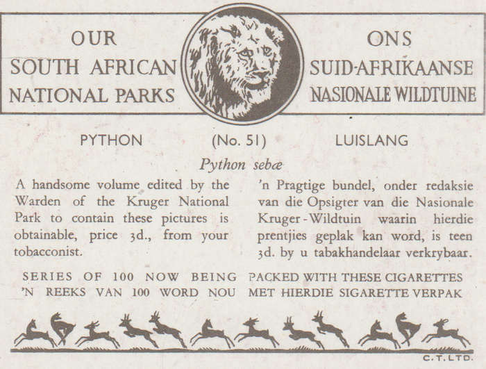 CIGARETTE CARD OUR SOUTH AFRICAN NATIONAL PARKS  NO 51