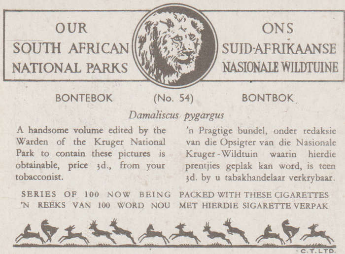 CIGARETTE CARD OUR SOUTH AFRICAN NATIONAL PARKS  NO 54