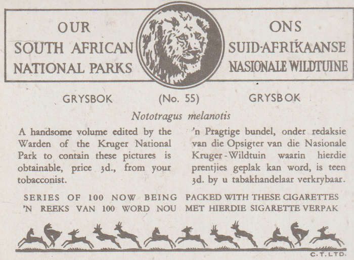CIGARETTE CARD OUR SOUTH AFRICAN NATIONAL PARKS  NO 55