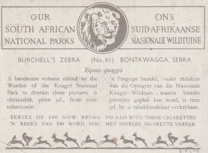 CIGARETTE CARD OUR SOUTH AFRICAN NATIONAL PARKS  NO 61