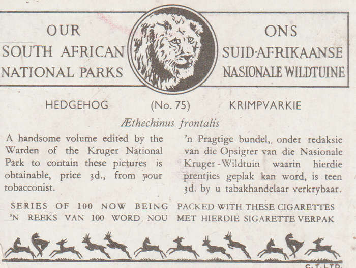 CIGARETTE CARD OUR SOUTH AFRICAN NATIONAL PARKS  NO 75