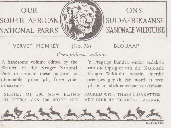 CIGARETTE CARD OUR SOUTH AFRICAN NATIONAL PARKS  NO 76