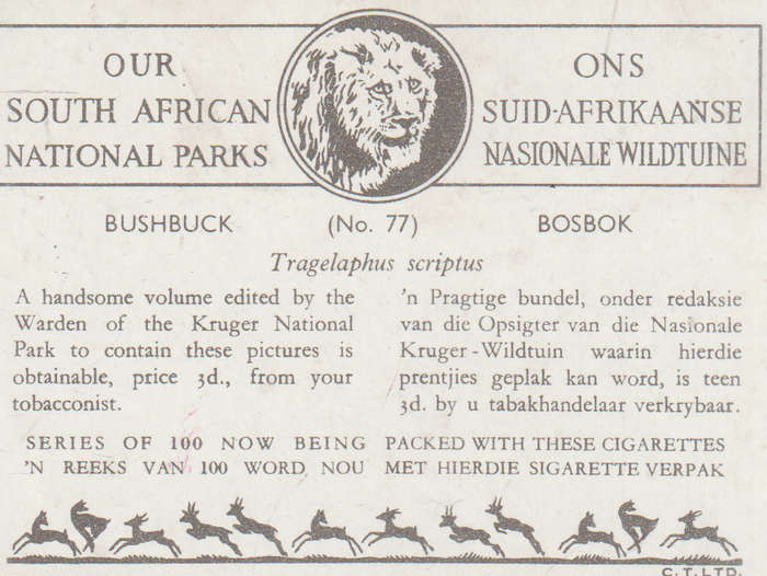 CIGARETTE CARD OUR SOUTH AFRICAN NATIONAL PARKS  NO 78