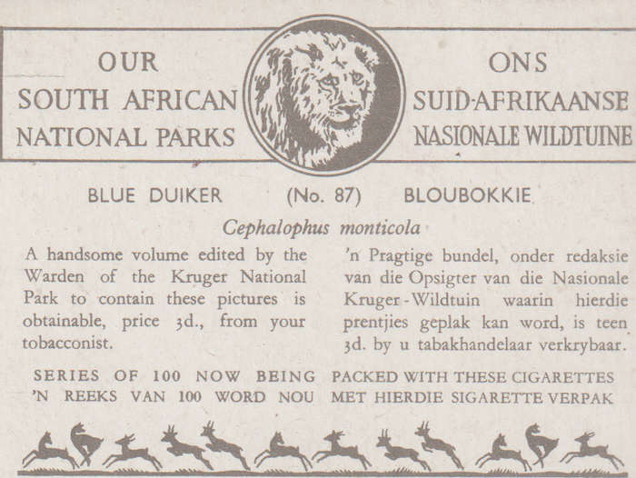CIGARETTE CARD OUR SOUTH AFRICAN NATIONAL PARKS  NO 87