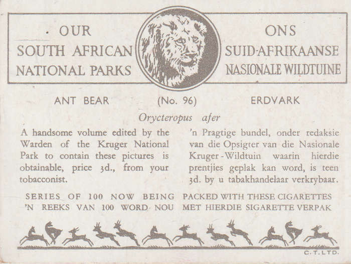 CIGARETTE CARD OUR SOUTH AFRICAN NATIONAL PARKS NO 96