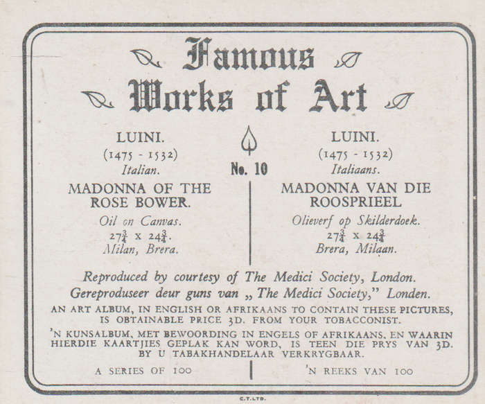 CIGARETTE CARD FAMOUS WORKS OF ART NO 10