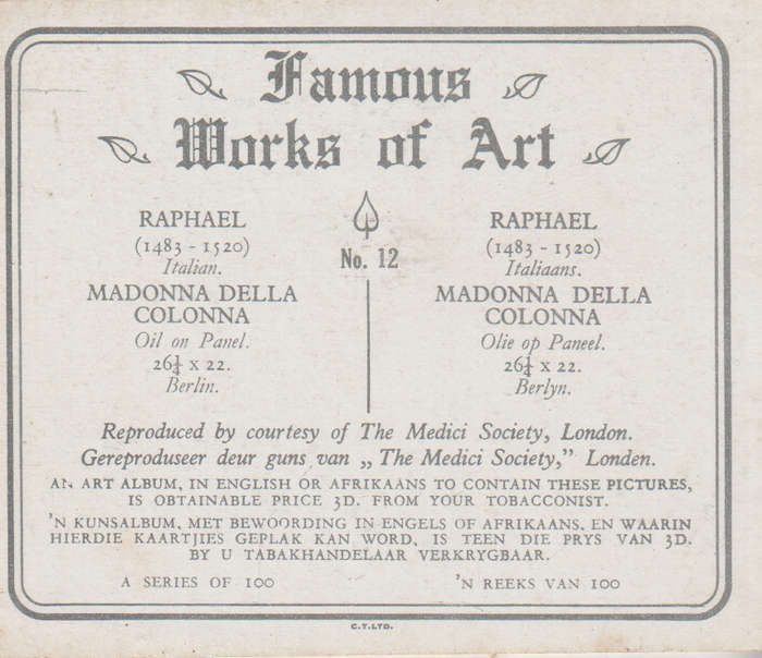 CIGARETTE CARD FAMOUS WORKS OF ART NO 12