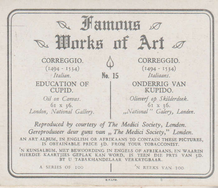 CIGARETTE CARD FAMOUS WORKS OF ART NO 15