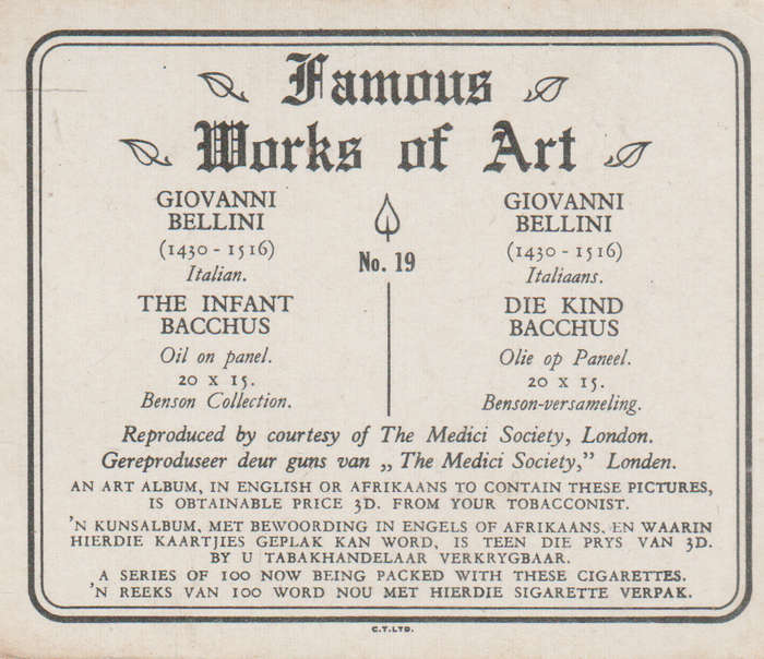 CIGARETTE CARD FAMOUS WORKS OF ART NO 19