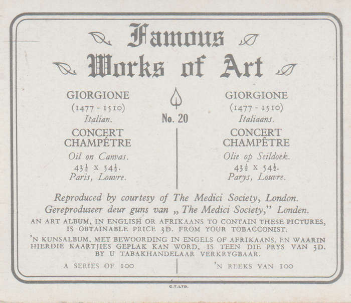 CIGARETTE CARD FAMOUS WORKS OF ART NO 20