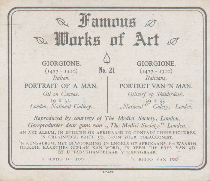 CIGARETTE CARD FAMOUS WORKS OF ART NO 21