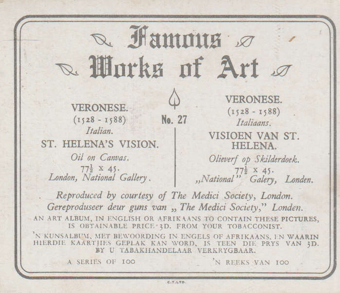 CIGARETTE CARD FAMOUS WORKS OF ART NO 27