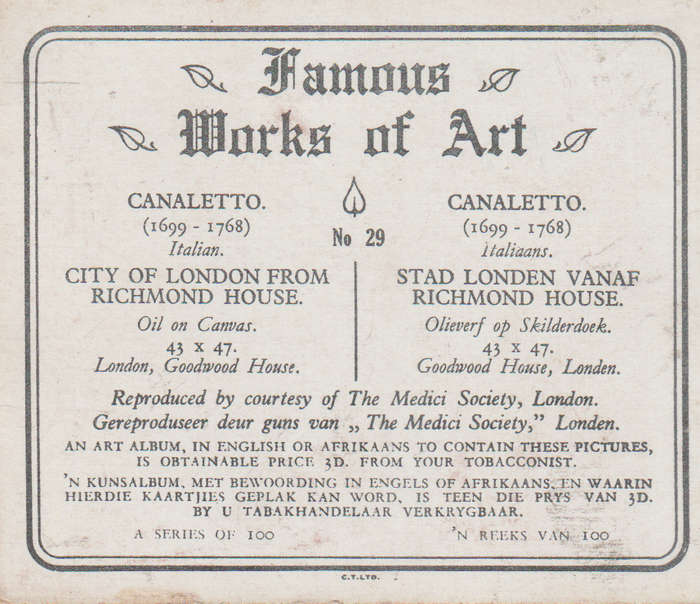 CIGARETTE CARD FAMOUS WORKS OF ART NO 29
