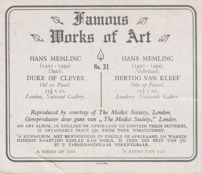 CIGARETTE CARD FAMOUS WORKS OF ART NO 31