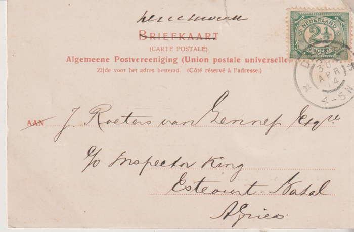 USED POST CARD WITH POSTAL HISTORY METHERLANDS 1903