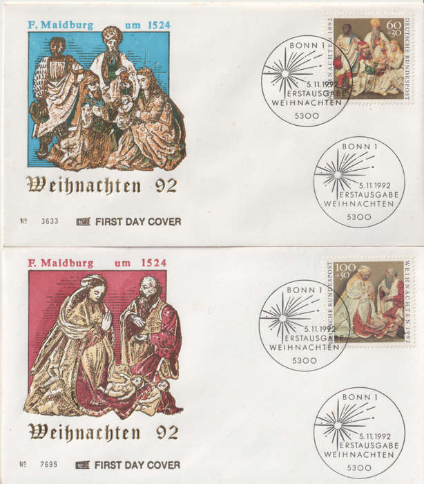 GERMANY 1992 Christmas Stamps FDC SG 2488/9