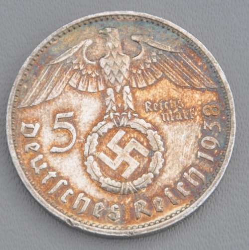 DEUTSCHES REICH 5 REICHSMARK 1938 J HINDENBURG Rare German 90% Silver Coin in excellent condition