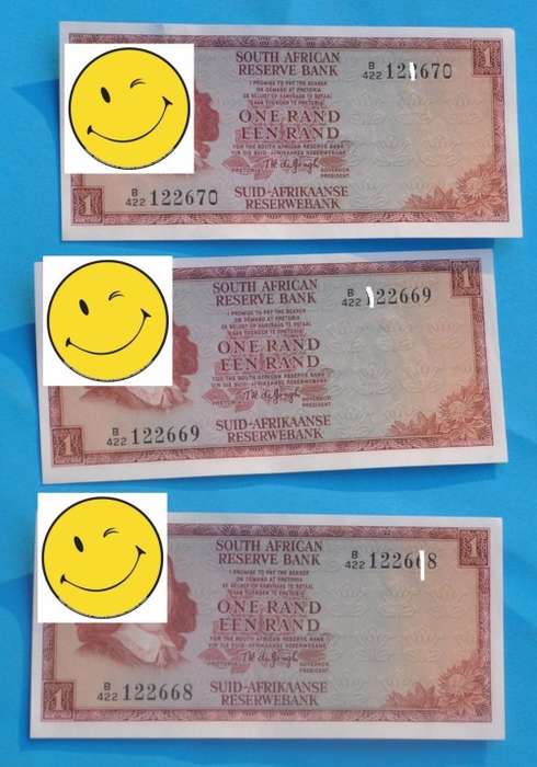 SOUTH AFRICA Three 1 Rand 1975 Banknotes TW de Jongh - UNC in SEQUENCE
