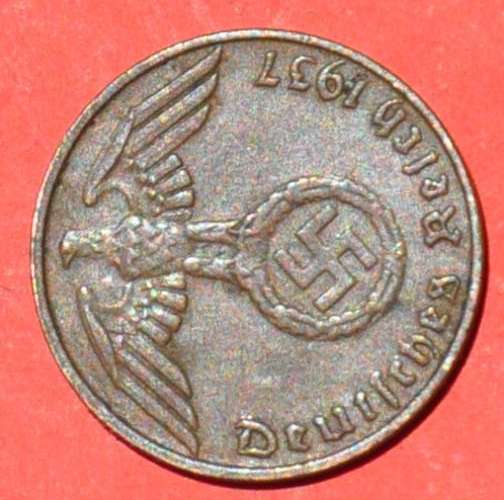 DEUTSCHES REICH 1 REICHSPFENNIG 1937 D Nice German 95% Copper Coin ORIGINAL THIRD REICH COLLECTIBLE