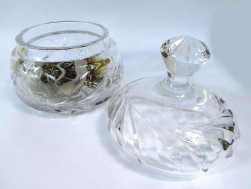 crystal lidded container in perfect damage free condition, assorted items of interest inside