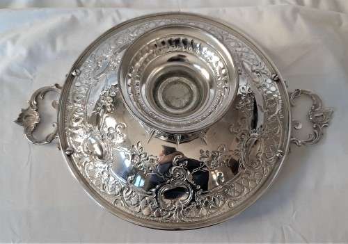 Large Silver Plated ornate handles fruit dish on stand, has been re-plated, no damages or cracks
