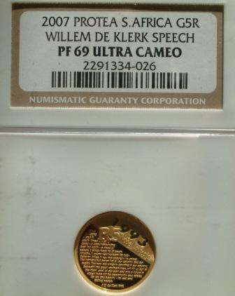 Gold R5 10th oz FW De Klerk Speech Ultra Cameo PF69