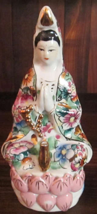 Parvati meditating seated on Lotus leaf with incense holder hand painted and gilded ceramic