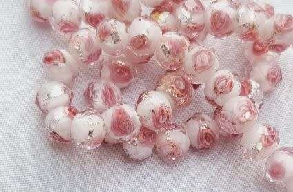 10 pc (8x6mm) Pink /White  Lampwork Rondelle Glass  Beads