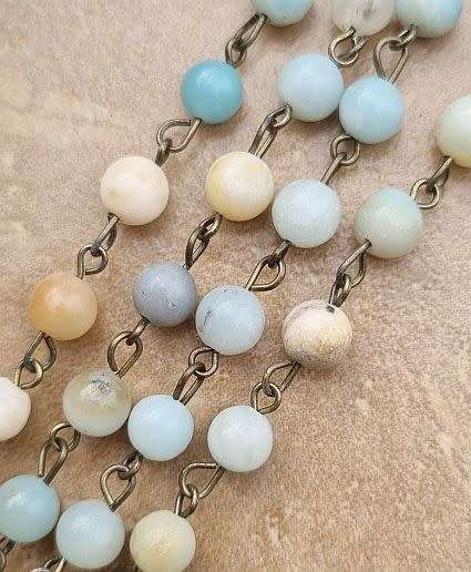 *Clearance Sale*1m Natural / Amazonite / Antique Bronze /  Eye Pin Beaded Chain. (Bead Size: