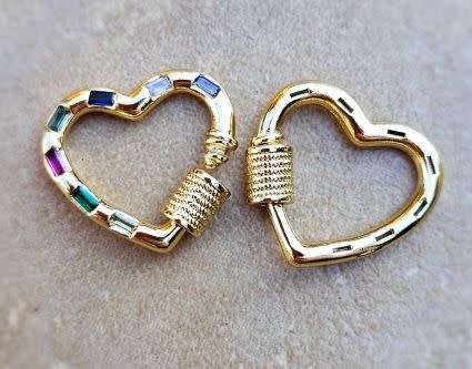 Clearance Sale* 1 pc Heart / Multi Color Cubic Zirconia  / Brass / Gold Tone /Screw Carabiner Lock