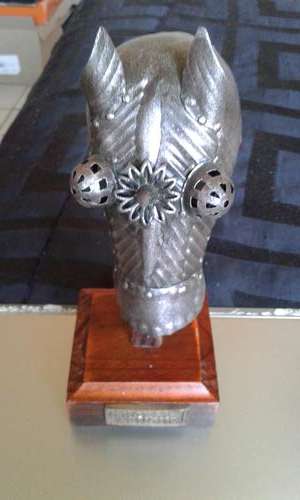 METAL HORSE ARMOUR ON WOODEN STAND-SEE DESCRIPTION