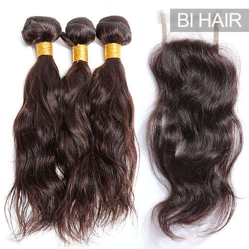 Brazilian Human Hair  Natural Wave 16 inch 3 Bundles + 1 Piece Closure 12 Inch