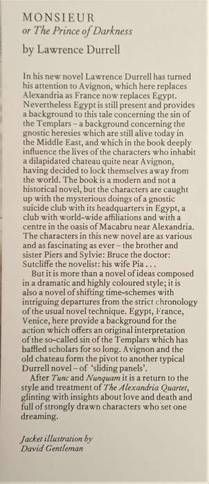 Lawrence Durrell, Monsieur, or the Prince of Darkness (1st edition)
