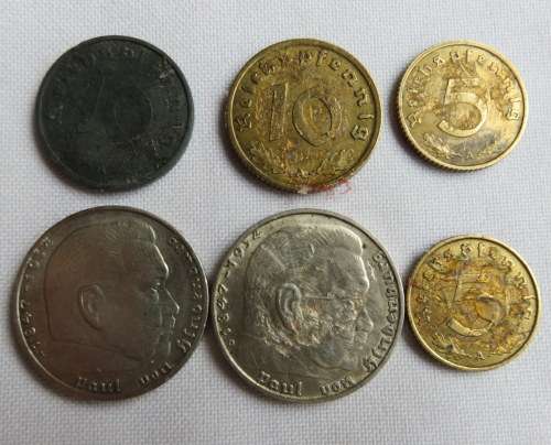 GERMAN COINS SELECTION OF 6 COINS-USED WW2