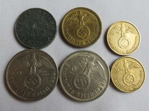 GERMAN COINS SELECTION OF 6 COINS-USED WW2