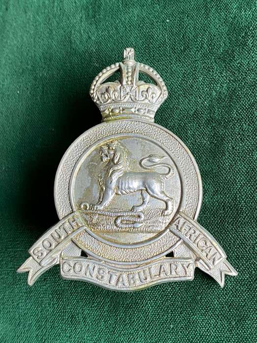SA CONSTABULARY WHITE METAL SLOUCH HAT BADGE-SOLID CENTRE-WORN 1902-1908- 2 LUGS-MEASURES 65X60MM-WH