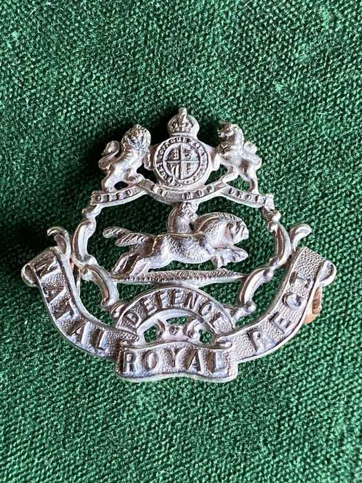 NATAL ROYAL REGIMENT WHITE METAL COLLAR BADGE-WORN 1902-1913- 2 LUGS