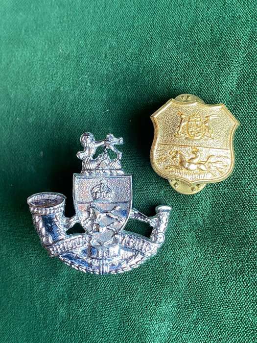 DURBAN LIGHT INFANTRY CHROME CAP BADGE AND ONE COLLAR BADGE-WORN FROM 1964-LUGS + PINS INTACT