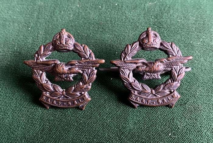 SAAF BLACKENED BRASS COLLAR BADGE PAIR-WORN WW2- LUGS INTACT
