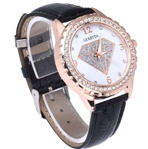 Elegant GERRYDA Ladies Leather Crystal Diamond Shaped Quartz Wrist Watch