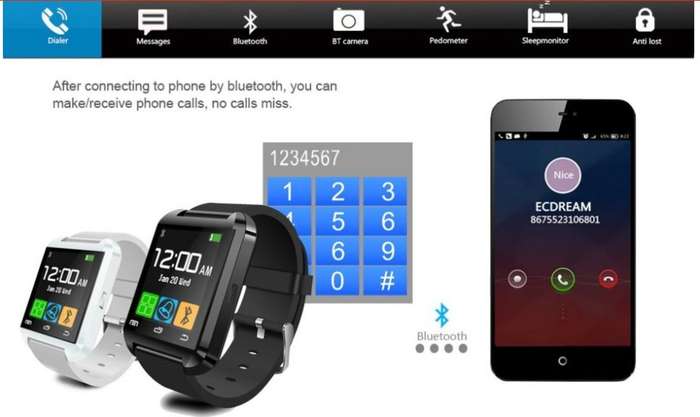 U80 Bluetooth Smartwatch for Android - Pedometer, Sleep Monitor, Drink Reminder, Remote Camera, etc