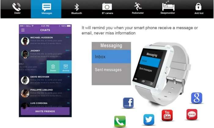 U80 Bluetooth Smartwatch for Android - Pedometer, Sleep Monitor, Drink Reminder, Remote Camera, etc