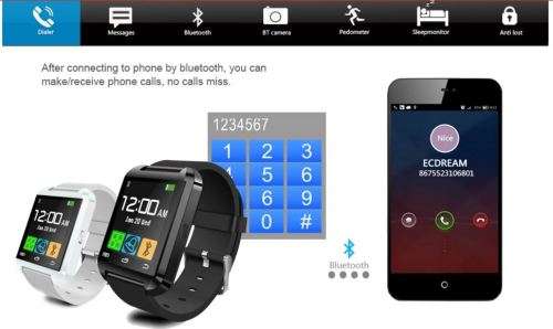 U80 Bluetooth Smartwatch - iPhone, Android, Pedometer, Sleep Monitor, Drink Reminder etc - Black
