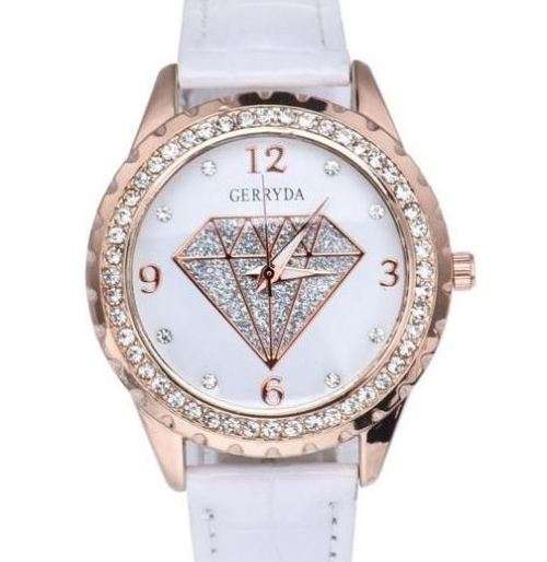 Elegant GERRYDA Ladies Leather Crystal Diamond Shaped Quartz Wrist Watch