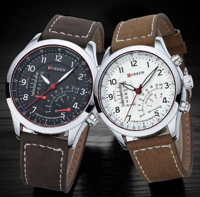 Elegant CURREN Military Leather Mens Wrist Watch - Black & Brown OR White & Brown