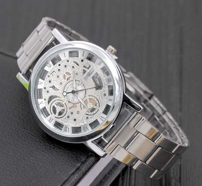 Elegant Men's Business Skeleton Stainless Steel Wrist Watch in Silver - Complimentary Gift Box