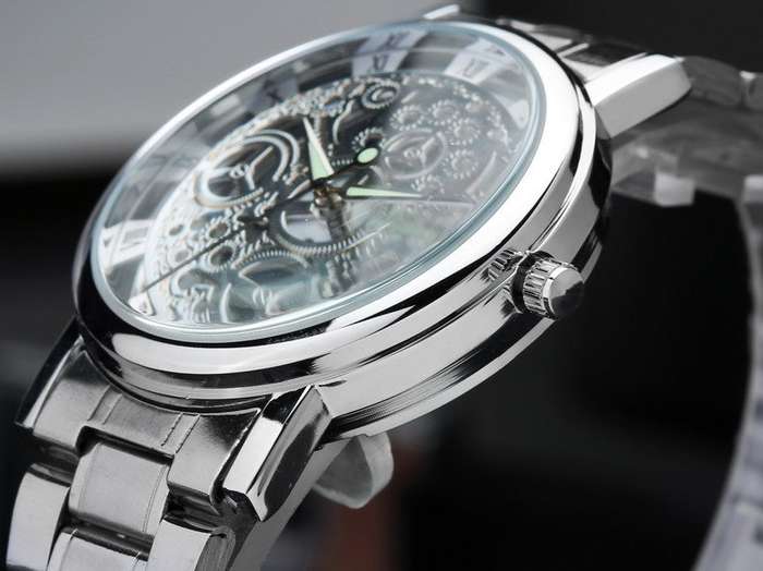 Elegant Men's Business Skeleton Stainless Steel Wrist Watch in Silver - Complimentary Gift Box
