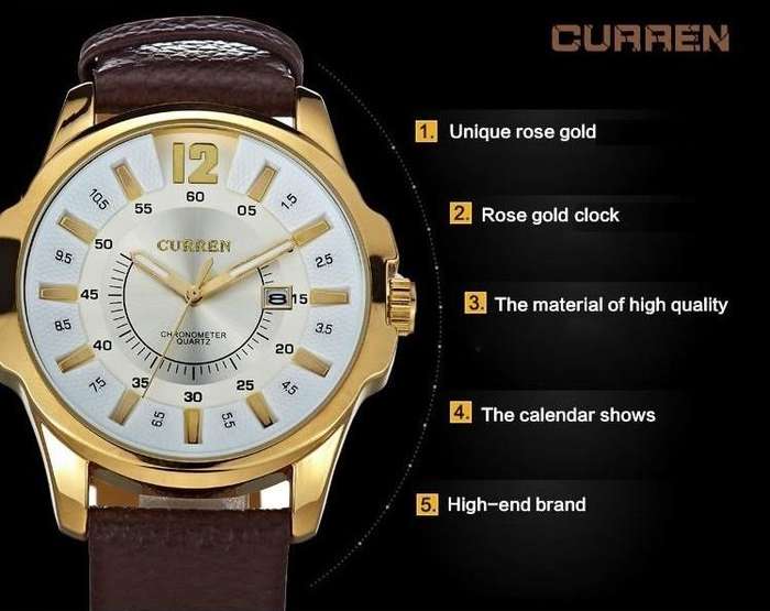 Elegant & Professional AUTO DATE CURREN Mens Business Watch With Leather Strap in White and Gold