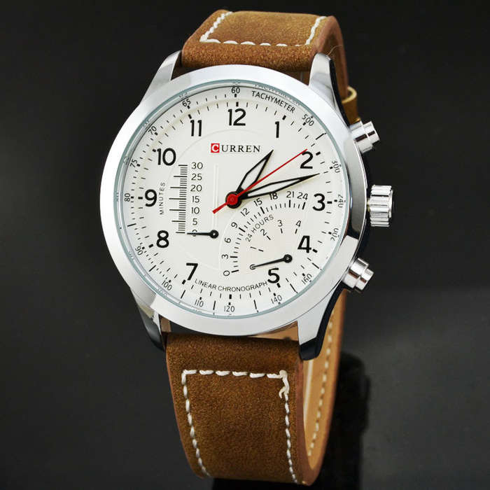 Elegant CURREN Military Leather Mens Wrist Watch - White & Brown in Gift Box