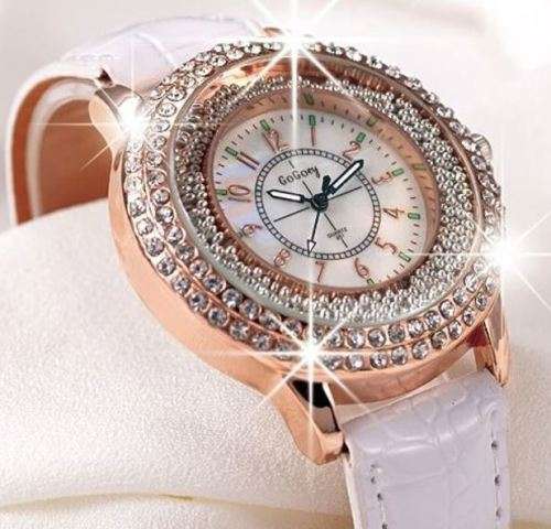 Luxury Rosgegold Gogoey Ladies Leather Crystal Diamond Quartz Wrist Watch by Reloj Mujer